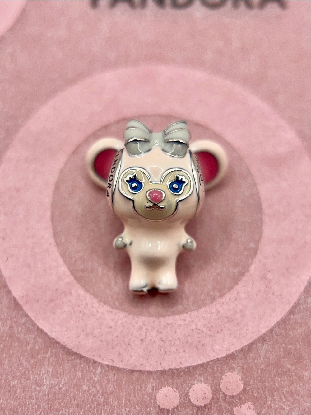 Pandora Disney Parks ShellieMay Bear Cream Enamel Bow Figure Silver Charm